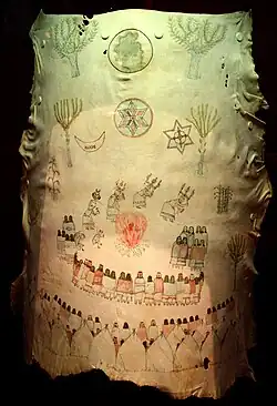 Hide painting by Naiche (Chiricahua Apache), c. 1900, depicting an Apache girl's puberty ceremony, Oklahoma History Center