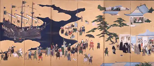 Nanban trade by Kanō Naizen,  1600. The screen shows Portuguese merchants docking in Japan.