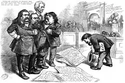 Thomas Nast (presumably sarcastically) drew himself asking for forgiveness from Senators for his critical sketches, writing "nobody may say a word against them for they are sacred" 1874 cartoon.