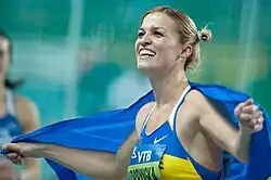 Nataliya Dobrynska celebrating her win after the pentathlon.