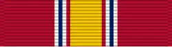 Width=44 scarlet ribbon with a central width-4 golden yellow stripe, flanked by pairs of width-1 scarlet, white, Old Glory blue, and white stripes