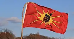 Mohawk Warrior Society flag at Beyond NoDAPL March on Washington, DC.