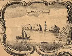 The Needles from Isaac Taylor's "one inch map" of Hampshire, published in 1759,[19][20][21][22] showing Lot's Wife, the needle-shaped pillar that collapsed in a storm in 1764