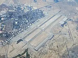 An aerial view of Nellis AFB taken in 2014