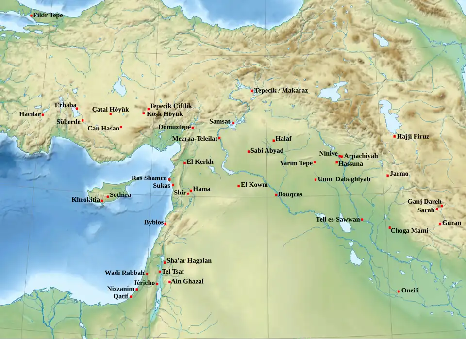 Map of the Middle East with location of various sites.