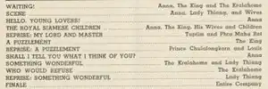 Detail of page 15 from a theatre program showing a partial song list that includes the songs "Waiting" and "Who Would Refuse"