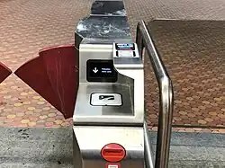 An Opus card reader on a turnstile at the Lionel-Groulx Metro station.