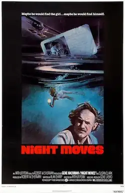 A small seaplane is about to land on water in the background. A paper card, which is the private investigator's license for Harry Moseby, is partially immersed in the water in the foreground. The face of Gene Hackman, who played Harry Moseby, is superposed, as is the text, "What private eye Harry Moseby doesn't know about the girl he's looking for .... just might get him killed".