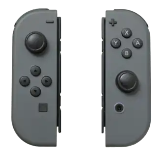 The gray Joy-Con (L) and Joy-Con (R) controllers. The inside rails slot onto the side of the main Switch console or grip controller.