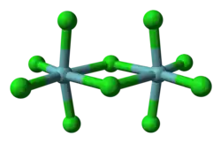 Ball-and-stick model of niobium pentachloride, a bioctahedral coordination compound.