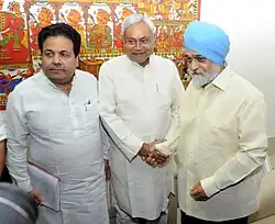 Nitish Kumar meeting the Deputy Chairman, Planning Commission, Shri Montek Singh Ahluwalia, for finalizing plan size for 2013–14 for the State, in New Delhi. The Minister of State for Parliamentary Affairs & Planning.