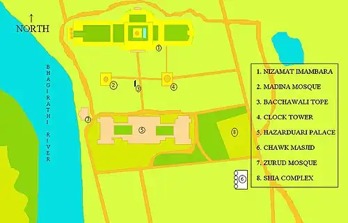 A map of the Nizamat Fort Campus, showing the Nizamat Imambara in yellow and other buildings surrounding it