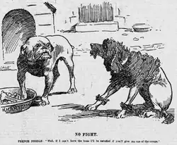 Francophobic cartoon: a French poodle begs for scraps from a British bulldog.