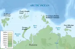 A map showing the location of numerous islands in the Arctic off the coast of northern Russia