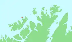 Map of the Finnmark region of Norway with the island of Store Kamøya highlighted in red
