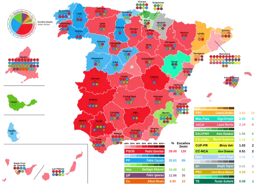 Map of Spain showcasing seat distribution by Congress of Deputies constituency