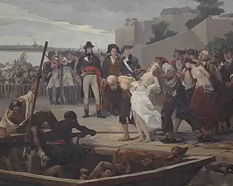 Painting of a man and woman being dragged away