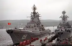Marshal Ustinov (right) alongside the Kirov-class battlecruiser Kirov