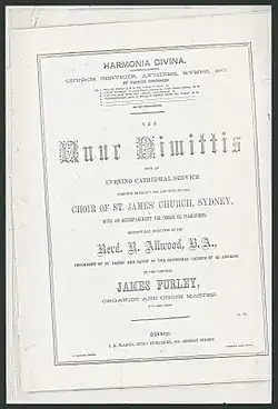 Printed cover page of musical score, using different fonts and "Respectfully dedicated to the Revd. R. Allwood, B.A., incumbent of St. James' and Canon of the cathedral church of St. Andrew", for use in a service at St Andrew's