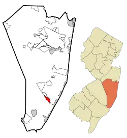 Map of Beach Haven West CDP in Ocean County. Inset: Location of Ocean County in New Jersey.