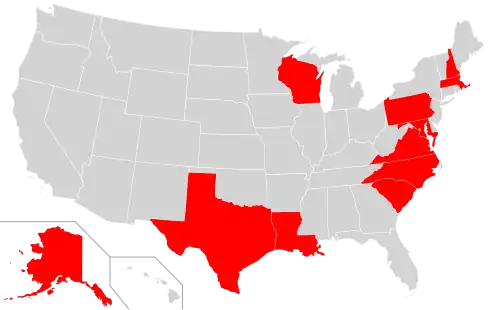 A map of the United States with Alaska, Wisconsin and Texas in red along with a swathe of the north eastern states.