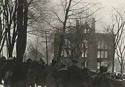 image of Old Main on fire at Mankato Teacher's College, Mankato, Minnesota