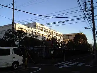 The school - a modern building surrounded by trees and a fence.