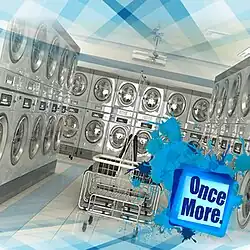 Interior of a clean, modern laundromat with rows of metallic washing machines. A wheeled metal laundry cart is in the foreground. On the right side, a blue paint-splash graphic overlays the image, featuring a square with the text Once More.