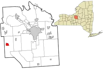 Skaneateles village's location in Onondaga County and the county's location in the state of New York, both highlighted in red; other incorporated areas of the county highlighted in gray