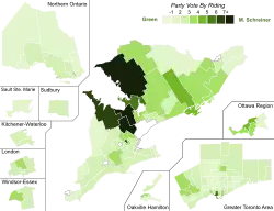 Support for Green Party candidates by riding