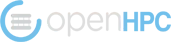 OpenHPC logo consisting of three horizontal grey bars surrounded by light blue horseshoe or C shape with opening on the upper right, followed by OpenHPC with the first four letters lowercase and grey and the last three capital and light blue.