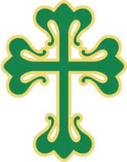 A green latin cross, flordelized