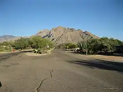 Mountains rise in the background of a photo from a residential area in Oro Valley.