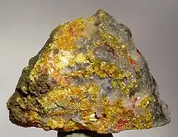 Orpiment and realgar on a vuggy, quartz matrix, Nishinomaki Mine, Gunma Prefecture, Japan