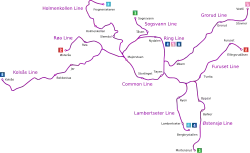 In the middle is a purple circle, with several branches sticking out. One line runs north, one line runs to the north-east and one line runs to the north-west. One line runs to the east that branches into three, two heading south and one east, and the final line runs west, with a short stretch branching off running above a short while.