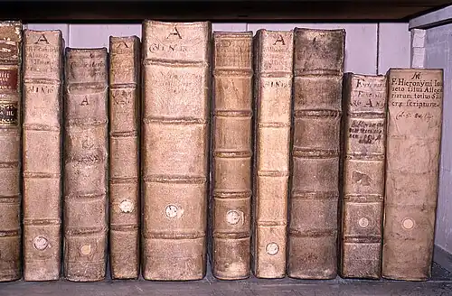 Spines of old books bound in leather.