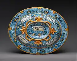 Renaissance oval basin or dish with subject from Amadis of Gaul; circa 1559–1564; maiolica; overall: 6 × 67.3 × 52.4&nbsp;cm; Metropolitan Museum of Art (New York City)