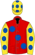 Red, large royal blue spots, yellow sleeves, royal blue spots, yellow cap, royal blue spots