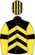 Black, yellow chevrons, yellow sleeves, black armlets, black and yellow striped cap