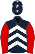 Dark blue, white chevrons, red sleeves, dark blue cap, white stars
