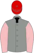 Grey, pink sleeves, red cap