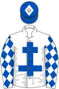 White, royal blue cross of lorraine and diamonds on sleeves, royal blue cap, white diamond