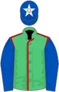 Emerald green, red seams, royal blue sleeves, royal blue cap, white star