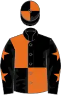 Black and orange (quartered), black sleeves, orange stars, quartered cap