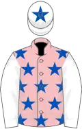 Pink, royal blue stars, white sleeves, white cap, royal blue star