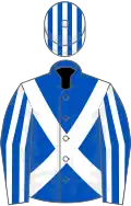 ROYAL BLUE, white cross sashes, striped sleeves and cap