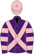 Purple, pink cross-belts, hooped sleeves, pink cap