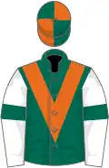 Dark green, orange chevron, quartered cap, white sleeves, dark green armlets