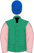 Emerald green, pink sleeves, royal blue cap