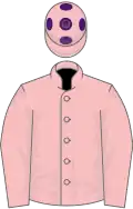 Pink, purple sleeves wth pink spots, pink cap, purple spots